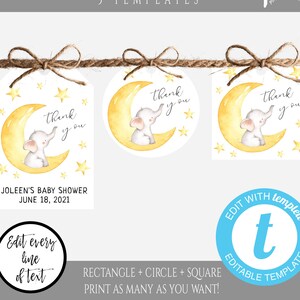 May include: Three printable favor tags featuring a yellow crescent moon with a white elephant sitting on it. The moon is surrounded by small yellow stars. The text on the tags reads "Thank you".