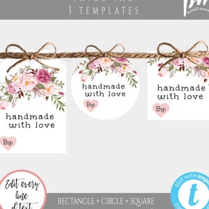 Pink Floral Handmade With Love Favor Tag Template, Gift Tag Printable, Tags Personalized, Thank You Tag, Shower Favor, Welcome Bag Tag BSBH