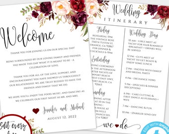 Burgundy Wedding Itinerary Template Download, Printable Wedding Itinerary, Editable Welcome Note & Wedding Timeline, Welcome Letter, WBMB