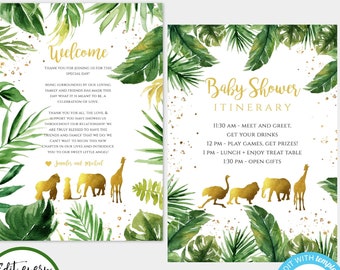 Baby Shower Itinerary Template, Printable Safari Itinerary, Jungle Shower, Fully Editable, Welcome Note & Timeline, Welcome Letter BSSG