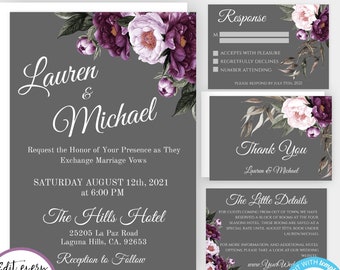 Wedding Invitation Printable pumpkin Wedding Glitter Confetti Gold plum Wedding Purple Fall Wedding Invitation instant download idw2