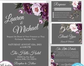 Purple and Gray Wedding Invitation Template Set, Gray Wedding Invitation, Printable Plum Invitation, Editable Lavender Wedding Suite, WBPG