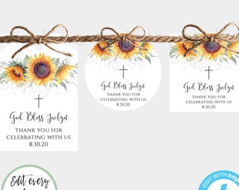 Sunflower Baptism Favor Tag Template Set, Editable Sunflower Gift Tag, Baptism for Girl, God Bless Favor Tag, Printable Favor Tag, BAP12