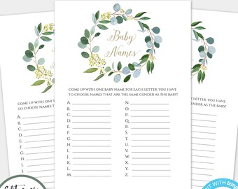 Greenery Baby Name Game Template, Greenery Baby Shower Game, DIY Editable + Printable Gender Neutral Baby Shower Game, Instant Download BSG