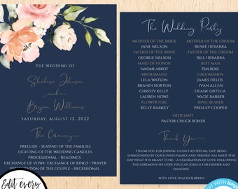 Navy & Gold with Peach Watercolor Flowers Wedding Program, Printable Wedding Ceremony Program, Editable Template, Double Sided PDF, WBNGP