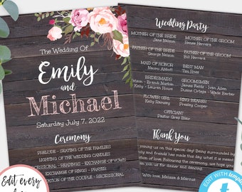 Rustic Floral Wedding Program Template, DIY Wedding Program, Faux Wood Printable Program, Order of Ceremony, Order of Service, WBRF