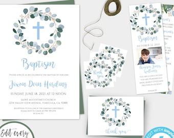 Boy Baptism Invitation Set, Blue Cross Baptism Invitation, Printable Baptism Template with Bookmark,Christening Invite INSTANT DOWNLOAD BAP2