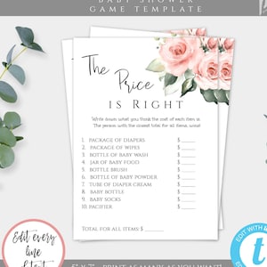 May include: Printable baby shower game template featuring a floral design. The game is called "The Price is Right" and asks guests to guess the price of various baby items. The template is 5 inches by 7 inches and can be printed as many times as needed.
