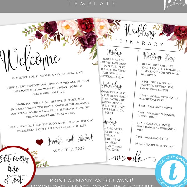 Burgundy Wedding Itinerary Template Download, Printable Wedding Itinerary, Editable Welcome Note & Wedding Timeline, Welcome Letter, WBMB