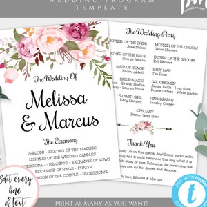Pink Floral Wedding Program Template, Wedding Program, Order of Ceremony Program, Bohemian Program, Order of Service, Instant Download WBBH