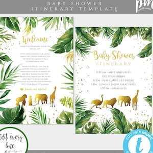 Op de afbeelding: Bewerkbare sjabloon voor een jungle-thema baby shower-route. De sjabloon bevat een welkomstbericht met gouden dieren silhouetten en een groene en gouden tropische bladeren achtergrond. De route bevat tijden voor ontmoeten en begroeten, spelletjes, lunch en het openen van cadeaus.