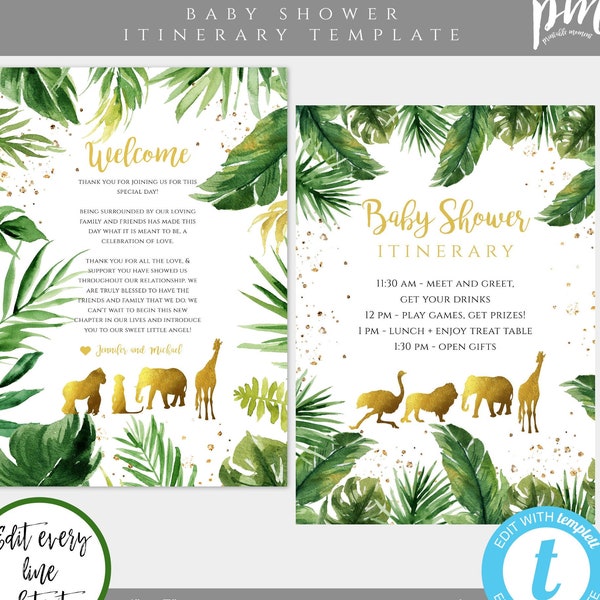 Baby Shower Itinerary Template, Printable Safari Itinerary, Jungle Shower, Fully Editable, Welcome Note & Timeline, Welcome Letter BSSG