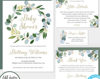 Greenery Baby Shower Invitation Template Bundle, Eucalyptus Shower, Printable Invitation, Botanical Shower Rustic Shower Boy Baby Shower BSG