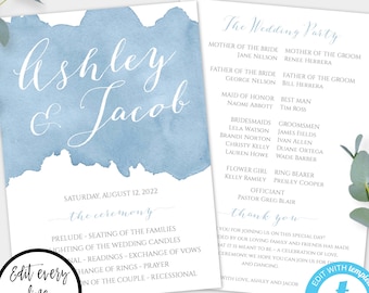 Dusty Blue Watercolor Wedding Program Template, Printable Instant Download, Editable Light Blue Ceremony Program, Order of Service, WBDB