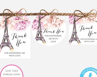 Paris Thank You Tag Template, French Wedding Tag, Floral Thank You Tag, Editable Bridal Shower Thank You Tag Printable Baby Shower Tag, WSP