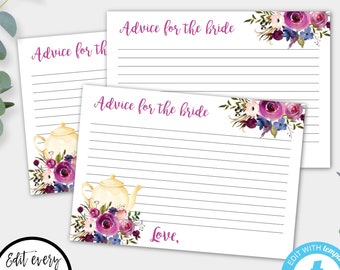 Pink Floral Tea Party Advice for the Bride Card Template, Love is Brewing Shower, Tea Party Printable, Editable Bridal Shower Card, WSB3