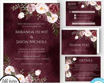 Burgundy Wedding Invitation Template, Editable Wedding Invite, Marsala Wedding Invitation Set, Printable Wedding Invite, Editable Invitation