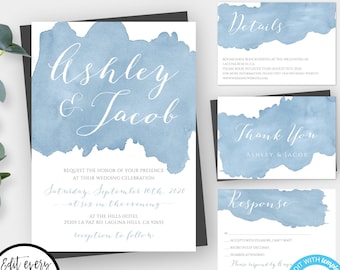 Dusty Blue Watercolor Wedding Invitation Template Set, Editable Light Blue Wedding Suite, Printable Invitation Kit, Instant Download, WBDB