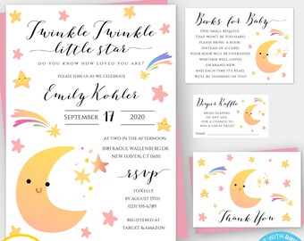 May include: A pink and white baby shower invitation set with a crescent moon and stars. The invitation says "Twinkle Twinkle Little Star" and includes the name "Emily Kohler" and the date "September 17, 2020". The set also includes cards for "Books for Baby", "Diaper Raffle", and "Thank You".