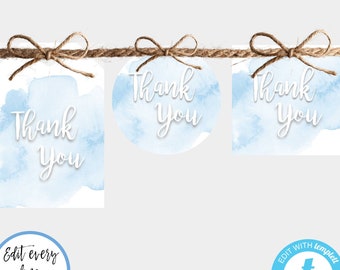 Light Blue Watercolor Wedding Favor Tags Template, Printable Thank You Tags, Editable Gift Tag Instant Download, 2" x 2" PDF Tag, WBBW3