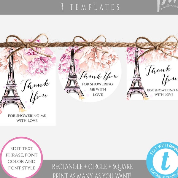 Paris Thank You Tag Template, French Wedding Tag, Floral Thank You Tag, Editable Bridal Shower Thank You Tag Printable Baby Shower Tag, WSP