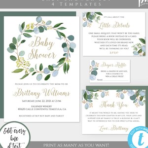 Greenery Baby Shower Invitation Template Bundle, Eucalyptus Shower, Printable Invitation, Botanical Shower Rustic Shower Boy Baby Shower BSG
