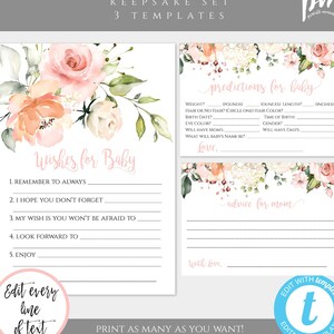 Peach Floral Baby Shower Keepsake Template Set, Editable Wishes For Baby, Advice For The Mommy, Predictions For Baby, Keepsake Card, BSP2