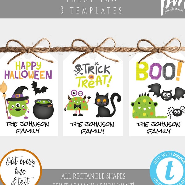 Monster Halloween Gift Tag Template Set, Printable Trunk or Treat Tag, Personalized Trick or Treat Favor Tag DIY Editable Treat Tag for Kids