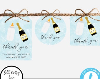 Poppin' Bottles Thank You Tag Template Set for Boy Baby Shower, Favor Tag Bundle, Printable + EDITABLE Gift Tags Instant Download, PBBB