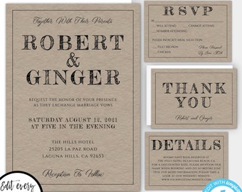 Rustic Wedding Invitation Template Set, Simple Kraft Wedding Invite, Printable Invite, Editable Invitation Template Suite, Minimalist Invite