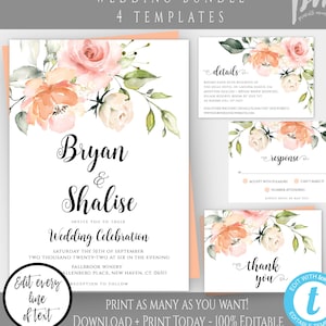 Wedding Invitation Template Set, Peach Floral Wedding Invite, Editable Details Card, Printable RSVP Card, Response Card, Thank You Card WBPB