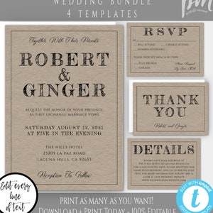 Rustic Wedding Invitation Template Set, Simple Kraft Wedding Invite, Printable Invite, Editable Invitation Template Suite, Minimalist Invite