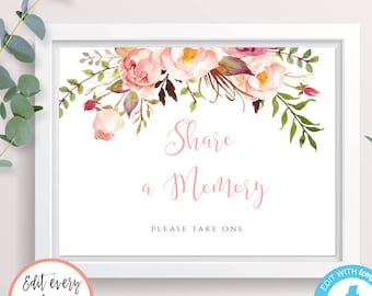 Peach Floral Share a Memory Sign for Funeral, Printable Funeral Sign, Editable Funeral Sign, Favorite Memory, Memorial Idea Download, PFF3