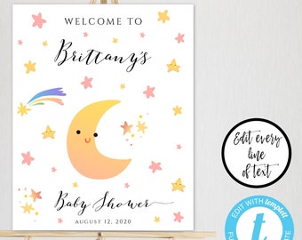 Może przedstawiać: Tablica powitalna na baby shower z półksiężycem i gwiazdami w kolorze różowym, żółtym i niebieskim. Na tablicy widnieje napis "Witamy na baby shower Brittany 12 sierpnia 2020".