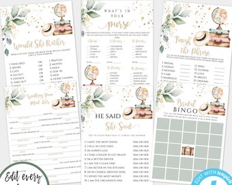 Travel Bridal Shower Game Template Set, Traveling from Miss to Mrs, Editable Greenery Games, Printable Travel Games, Map + Suitcase TG