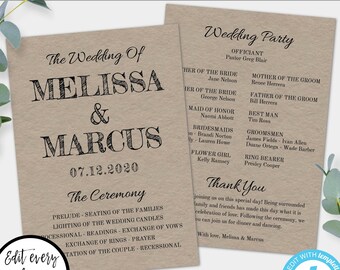 Rustic Wedding Program Template, Instant Download, Ceremony Program, Kraft Wedding Program, Editable Program, Printable Program, DIY Wedding