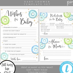 Donut Baby Shower Keepsake Card Template Set for Boy, Wishes For Baby, Advice For The Mommy, Predictions For Baby, Donuts + Diapers, BSD2