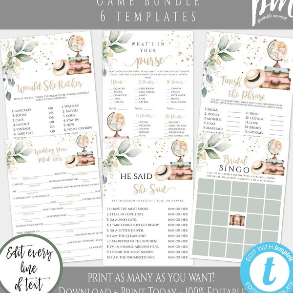 Travel Bridal Shower Game Template Set, Traveling from Miss to Mrs, Editable Greenery Games, Printable Travel Games, Map + Suitcase TG