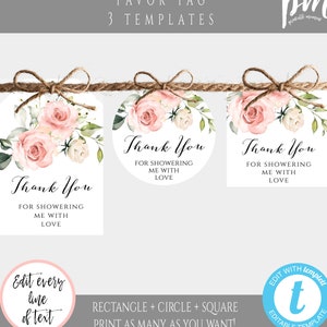Pink Floral Thank You Tag Template for Shower, Printable Favor Tags, Editable Gift Tags, Girl Baby Shower Personalized Tag, Customized, BSP3
