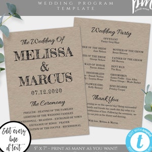 Rustic Wedding Program Template, Instant Download, Ceremony Program, Kraft Wedding Program, Editable Program, Printable Program, DIY Wedding