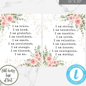 Positive Affirmation Zeichen Vorlagen für Teenager Mädchen, Achtsamkeit für Kinder, Selbstvertrauen Zeichen der Kinder, Selbstwertgefühl Zeichen, Dankbarkeit Zeichen
