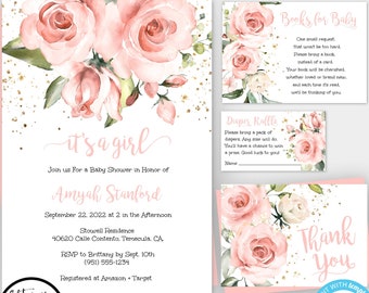 Pink Floral It's A Girl Baby Shower Invitation Template, Watercolor Flower Baby Shower Printable, DIY Editable Invitation Set, BSBP