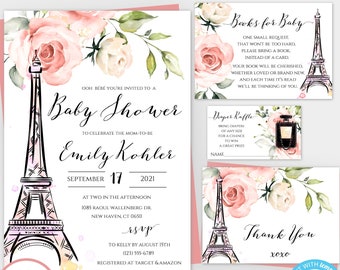 Paris Baby Shower Invitation Template Set, French Baby Shower, Eiffel Tower Printable Girl Baby Shower Invite, Ooh La La Ooh Bebe, BSP3