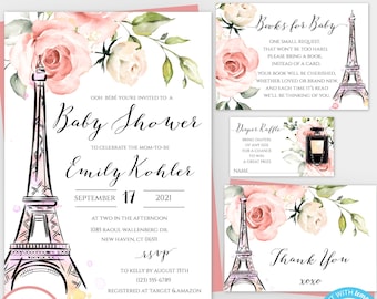 Paris Baby Shower Invitation Template Set, French Baby Shower, Eiffel Tower Printable Girl Baby Shower Invite, Ooh La La Ooh Bebe, BSP3