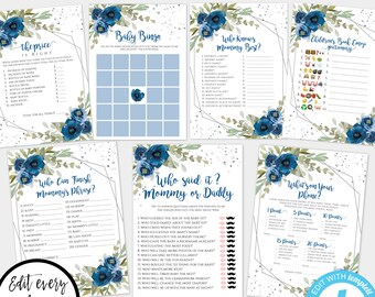 Boy Baby Shower Games Package Template, Games Bundle, Blue Floral Baby Shower, Printable Games, DIY Editable Party Games, Baby Bingo, BFG