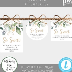 Greenery Bridal Shower Thank You Favor Tag Templates, So Sweet Gift Tag Printable, Tag Personalized, Shower Favor Tag, Traveling Shower, TG