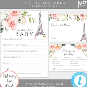 Paris Baby Shower Keepsake Template, Wishes For Baby, Advice For Mom, Predictions For Baby, Eiffel Tower Keepsake Cards for Baby Shower BSP3