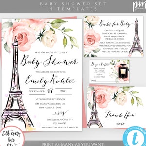 Paris Baby Shower Invitation Template Set, French Baby Shower, Eiffel Tower Printable Girl Baby Shower Invite, Ooh La La Ooh Bebe, BSP3