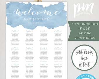 Dusty Blue Watercolor Wedding Seating Chart Template, DIY Editable Seating Sign With 2 Sizes Included, Printable Seating Chart, WBDB