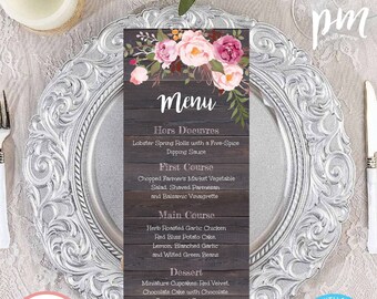 Rustic Floral Menu Template, Printable Menu, Wedding Dinner Menu, Instant Download, Wedding Menu Card, Editable Menu, Customizable Menu WBRF